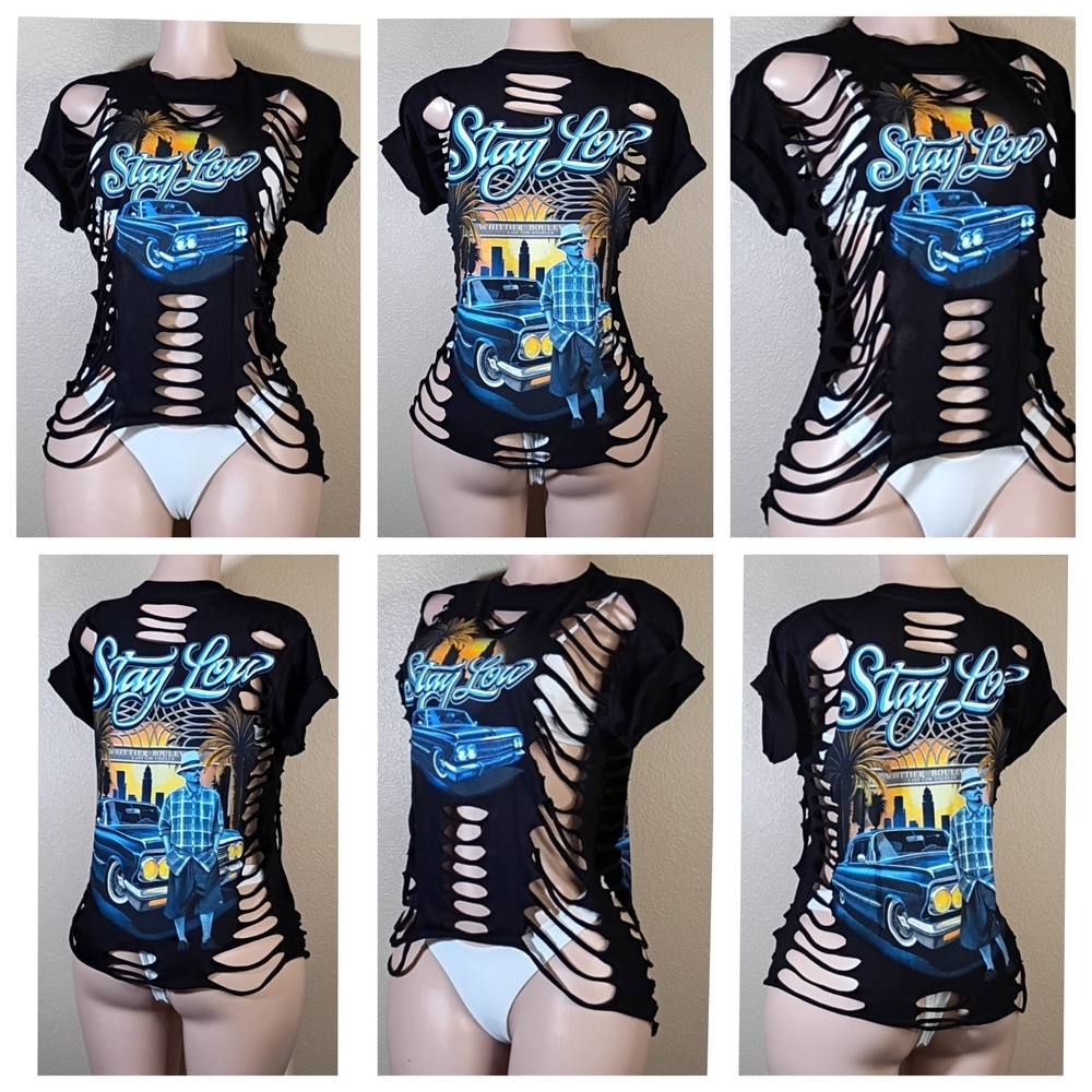 Stay Low Los Angeles Custom  Distressed Black Cutout Women's Tee